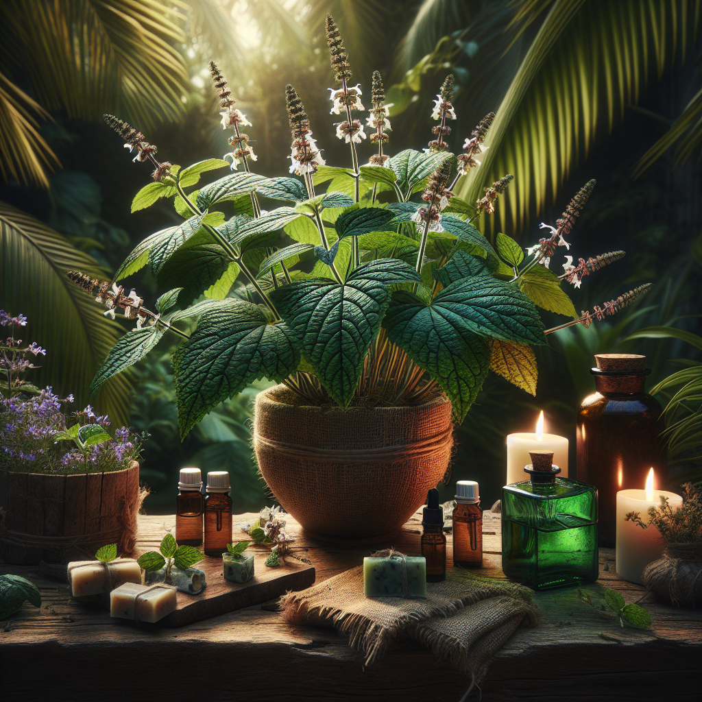 Imagínate una escena en un jardín tropical. En el centro, hay una planta de pachulí, con hojas verde intenso que tienen un brillo saludable y se ven un poco arrugadas. Algunas hojas son más grandes y otras más pequeñas, lo que muestra la naturaleza variada de la planta. Alrededor de la planta, hay un pequeño grupo de flores blancas y moradas que contrastan con el verde. En el fondo, se pueden ver otros elementos típicos de un jardín tropical, como palmeras y plantas exóticas que añaden color y profundidad a la imagen. Cerca de la base de la planta, hay unas botellas pequeñas de aceite esencial de pachulí, etiquetadas claramente. También hay un par de jabones artesanales con un diseño rústico, que tienen una apariencia natural y un aroma que parece flotar en el aire. La iluminación es suave, iluminando la escena como si fuera un día soleado, haciendo que todo se vea fresco y vibrante. En general, la imagen transmite la belleza y la utilidad del pachulí como planta y sus productos.