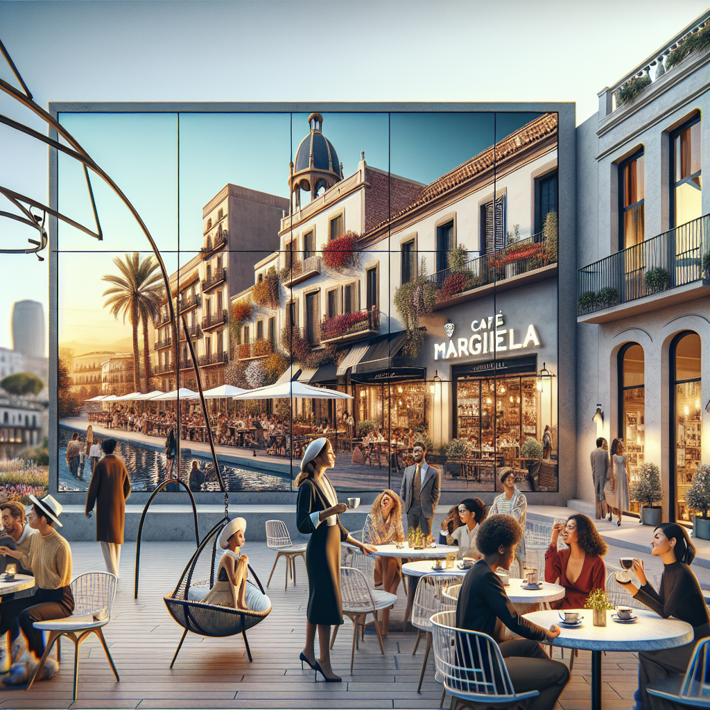 La imagen debería mostrar una vista exterior del Café Margiela en Barcelona, con su fachada moderna y elegante, destacando su señalización con el nombre del café. En el primer plano, se pueden ver a algunas personas mirando el lugar con interés, mientras que otras están sentadas en mesas al aire libre, disfrutando de un café. Al fondo, se nota un ambiente acogedor, con decoraciones que reflejan el estilo de Maison Margiela, como muebles minimalistas y detalles artísticos. También se podrían incluir suaves proyecciones de imágenes que evoquen la romántica atmósfera de un atardecer en el sur de Francia, tal vez con imágenes de un viñedo. Al lado del café, podría haber una instalación de columpios, donde algunas personas se están divirtiendo. El ambiente general transmite una sensación de calma y romance, con flores decorativas en las mesas, que recuerdan las notas de la fragancia 'On a Date'. La escena debe ser alegre y vibrante, reflejando la idea de una experiencia multisensorial que invita a los visitantes a vivir un momento especial.